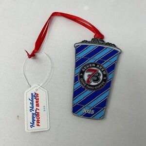 7 Brew Coffee 2025 Holiday Ornament Blue Striped Cup Metal Collectible 7B Logo